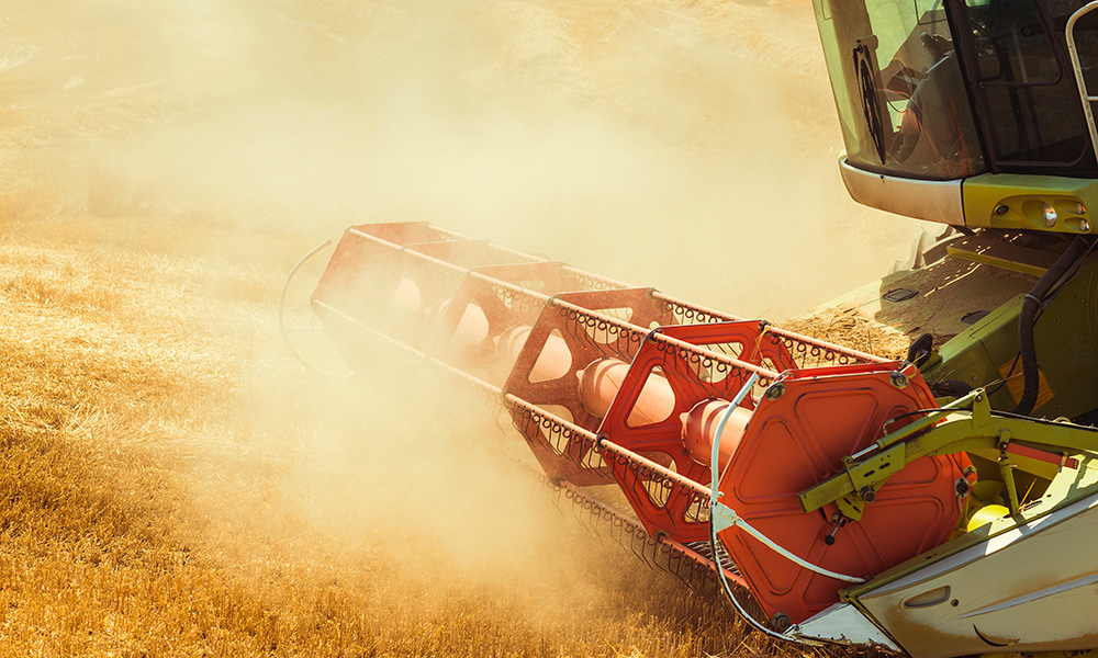 Farming machinery hire: combine harvester working on a wheat field.