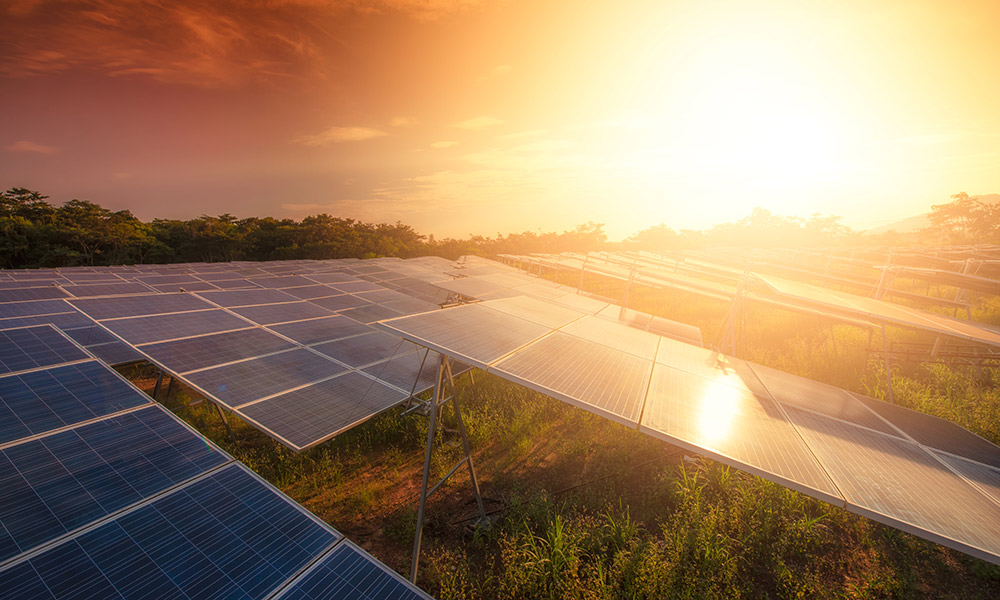Sunset over a solar energy farm, to create clean power